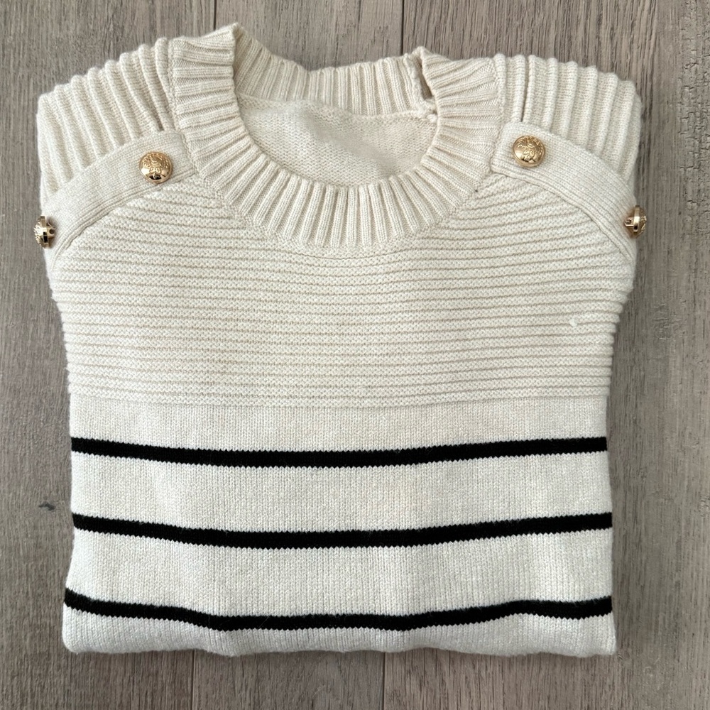 Striped Cream and Black Striped Sweater with Gold Button Accent - Picture 7 of 7
